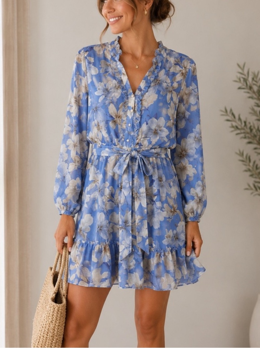Joie Light Blue Floral Ruffle hem Mini Dress Size Small